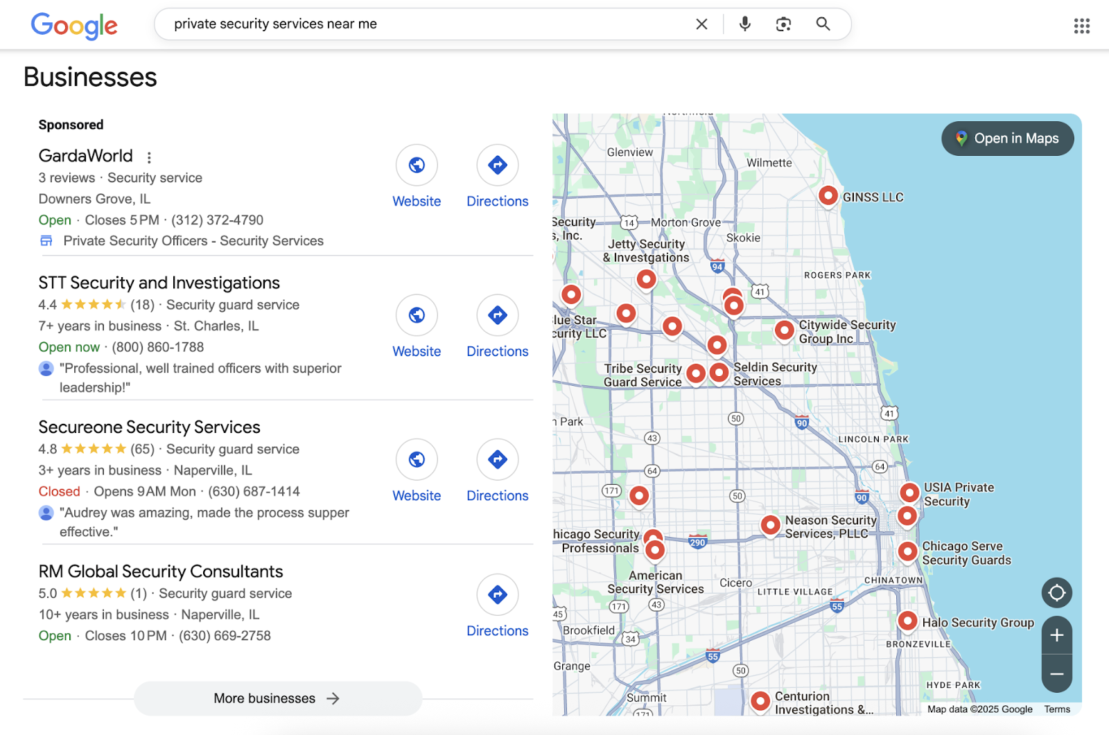Local pack lists local businesses with their star rating, city, phone number, review snippet, and more.