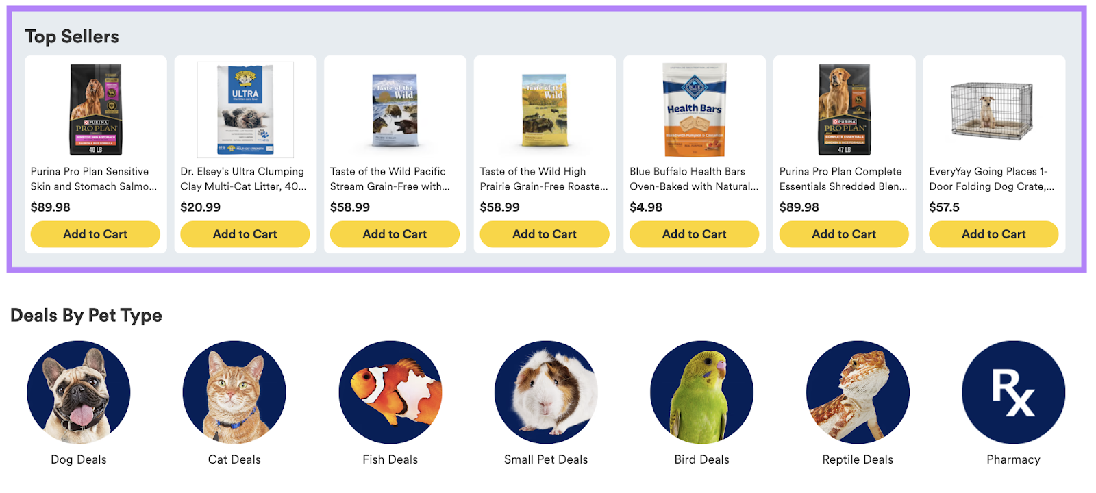 Petco's homepage with the “Top Sellers” section highlighted.