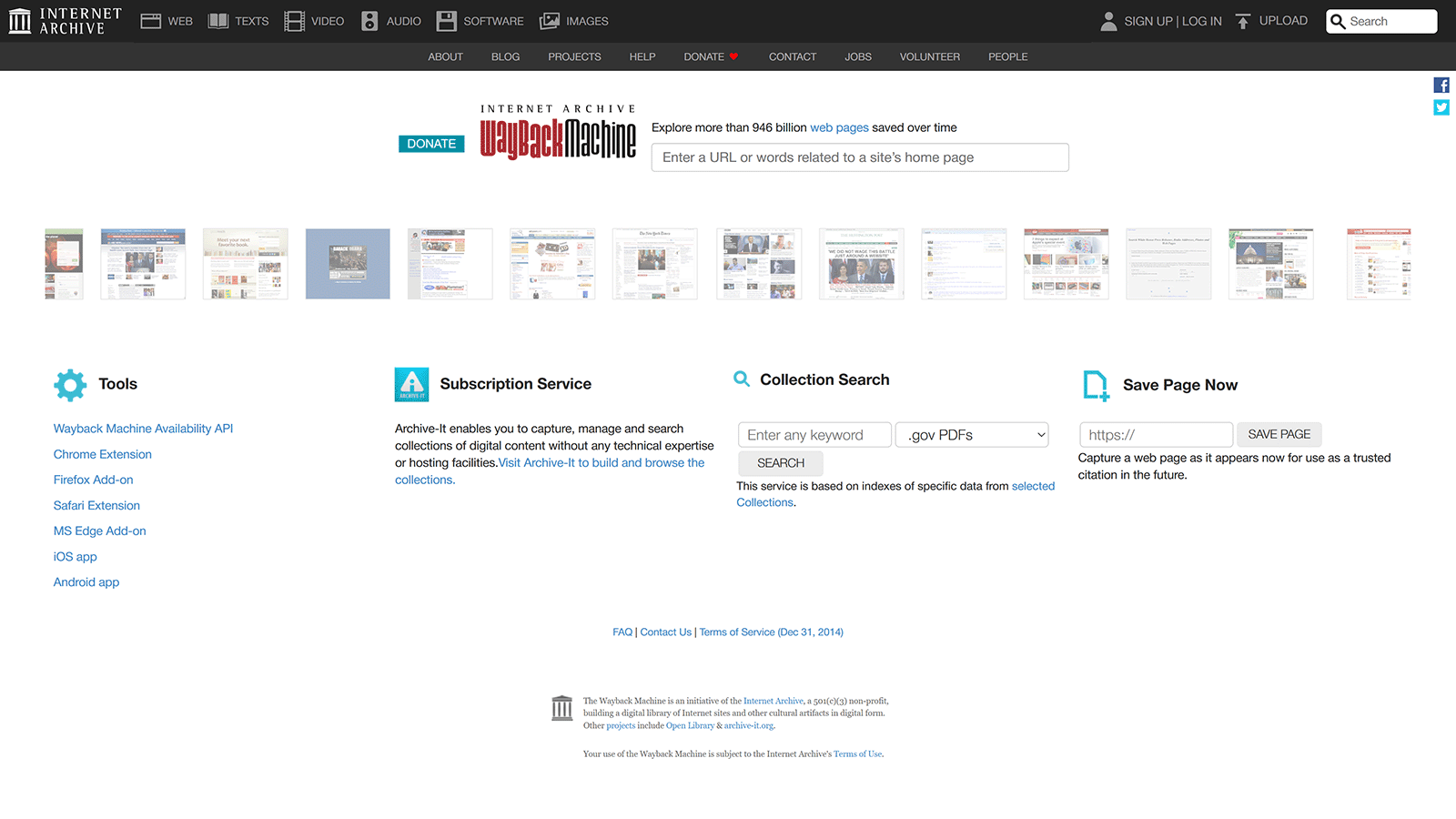 Internet Archive’s Wayback Machine homepage with search bar, past site thumbnails, and options for saving or exploring pages.