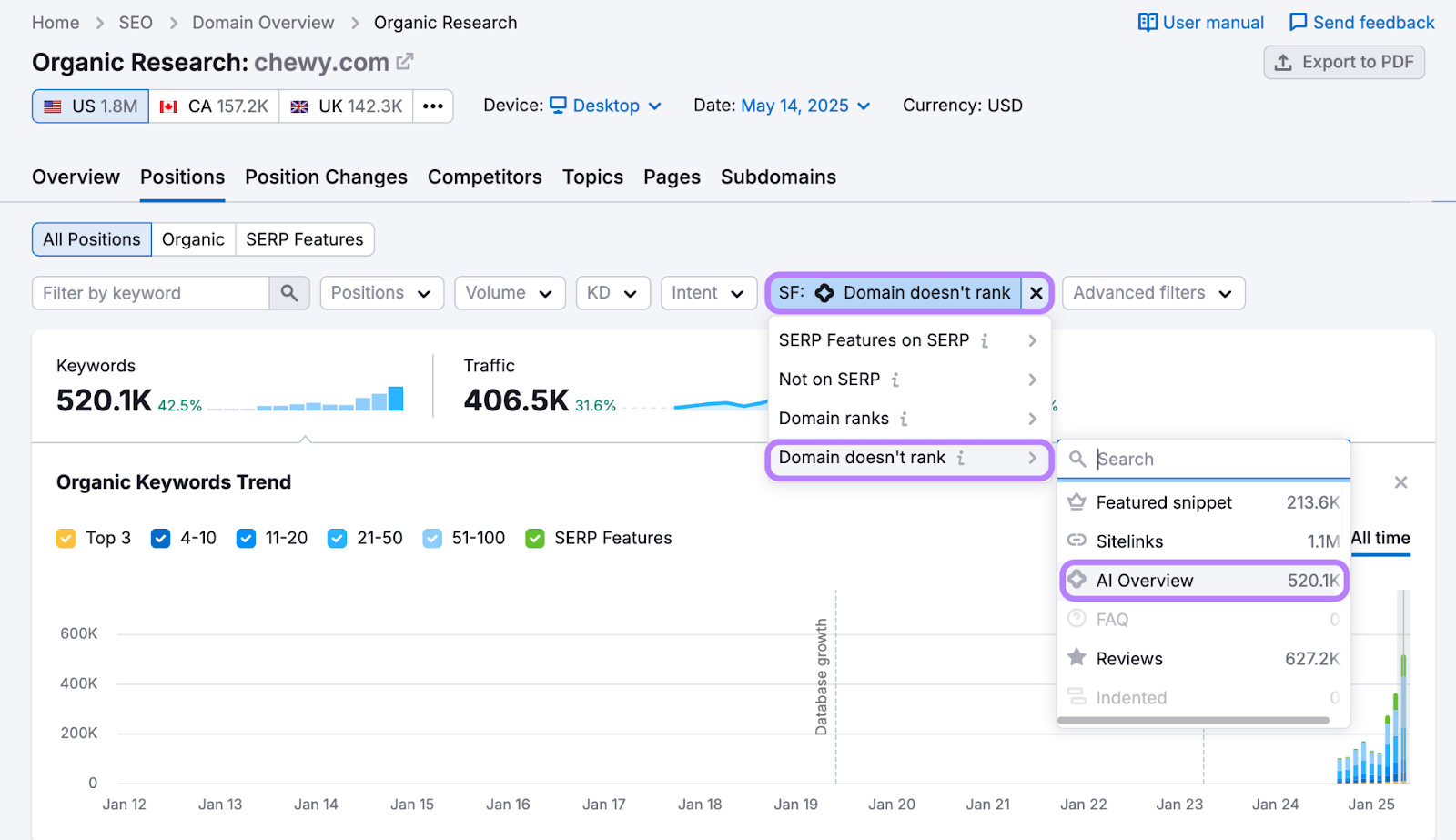 SERP Features filter in Organic Research