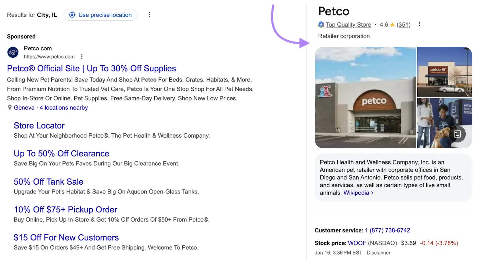 A Knowledge Panel on the right-hand side of a SERP showing key facts about a business.
