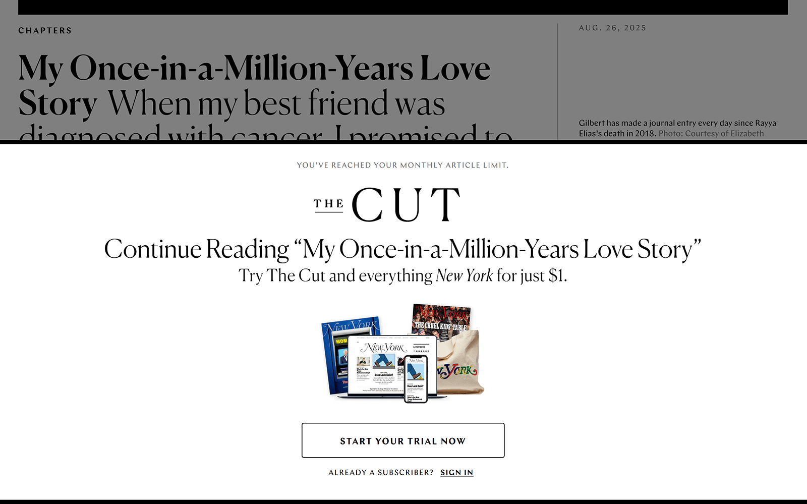Website paywall message blocking article with prompt to start trial or sign in to continue reading.