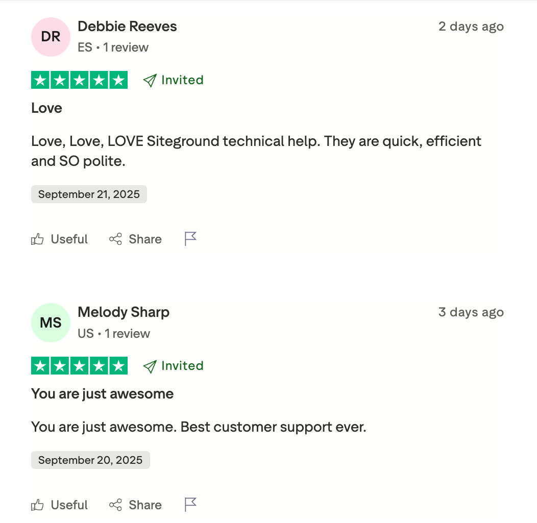 Two positive reviews about SiteGround on Trustpilot.
