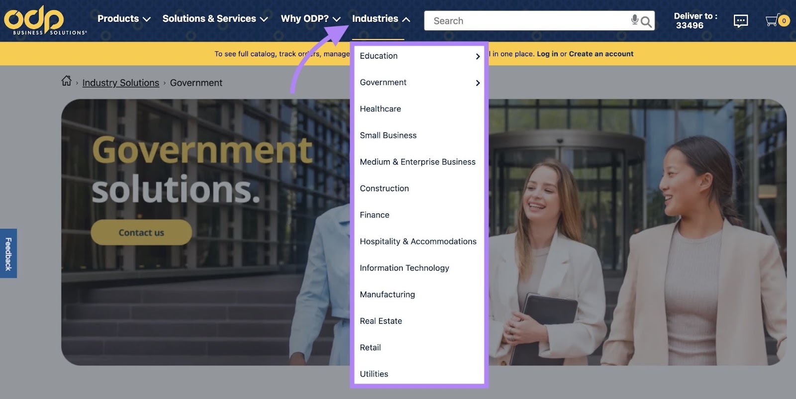 Homepage of ODP Business Solutions showing the different industries they sell to like education, government, healthcare, etc.
