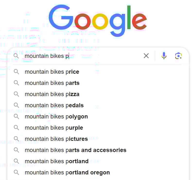 Google’s autocomplete drop-down list when typing "mountain bikes p" in the search bar