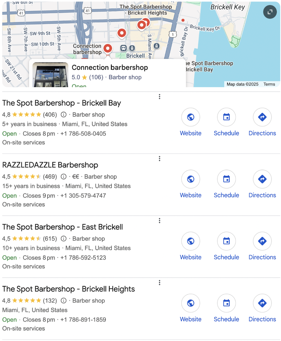 Local Finder results for barbershop near me.