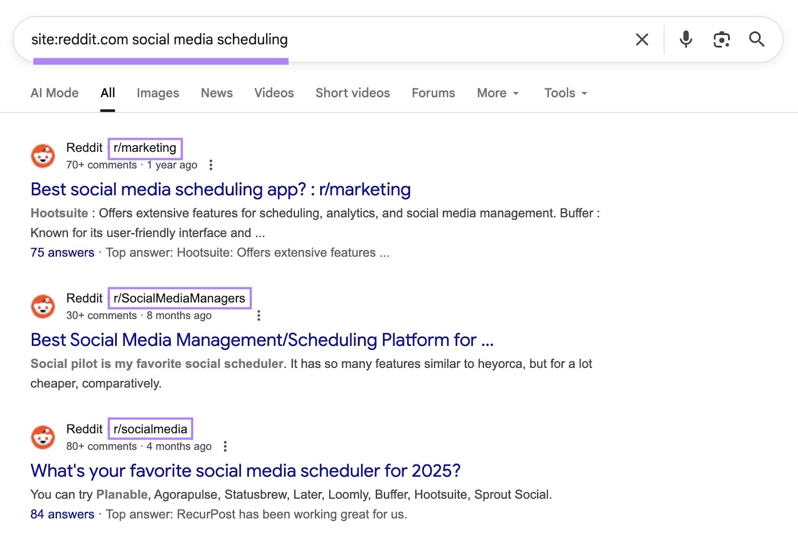 Google SERP with a site search operator used to find relevant subreddits to analyze.