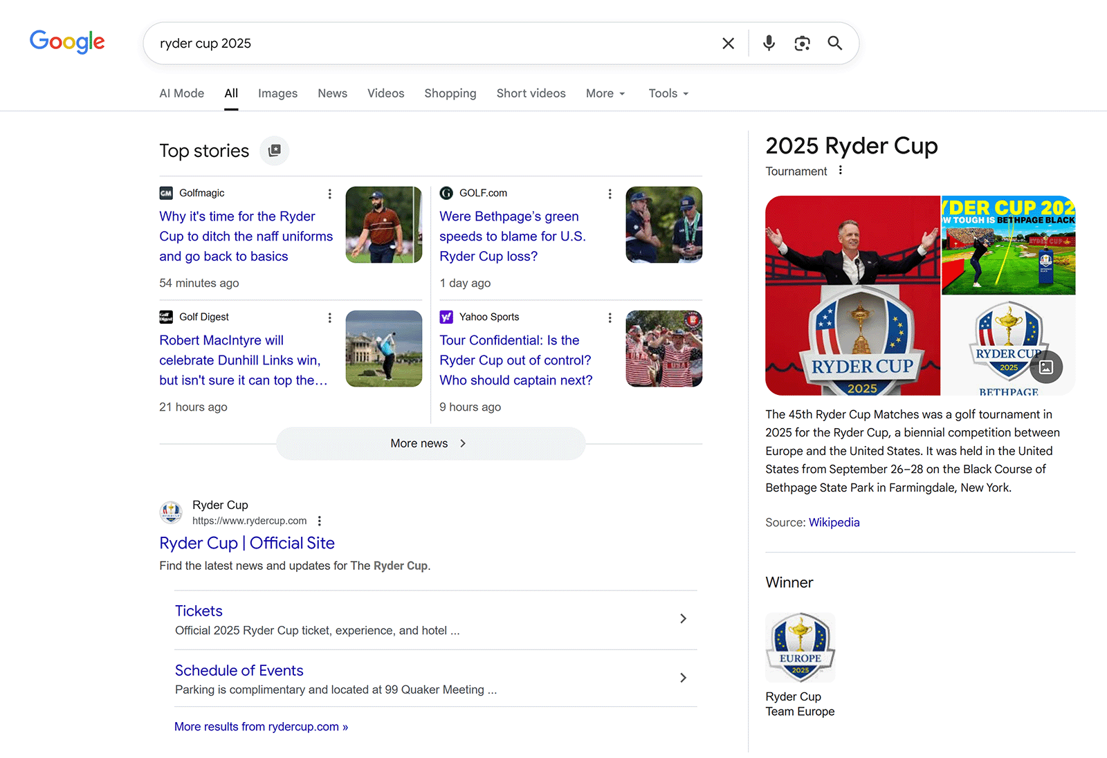 Google search results page for âRyder Cup 2025â showing Top Stories, Knowledge Panel, and official site link.