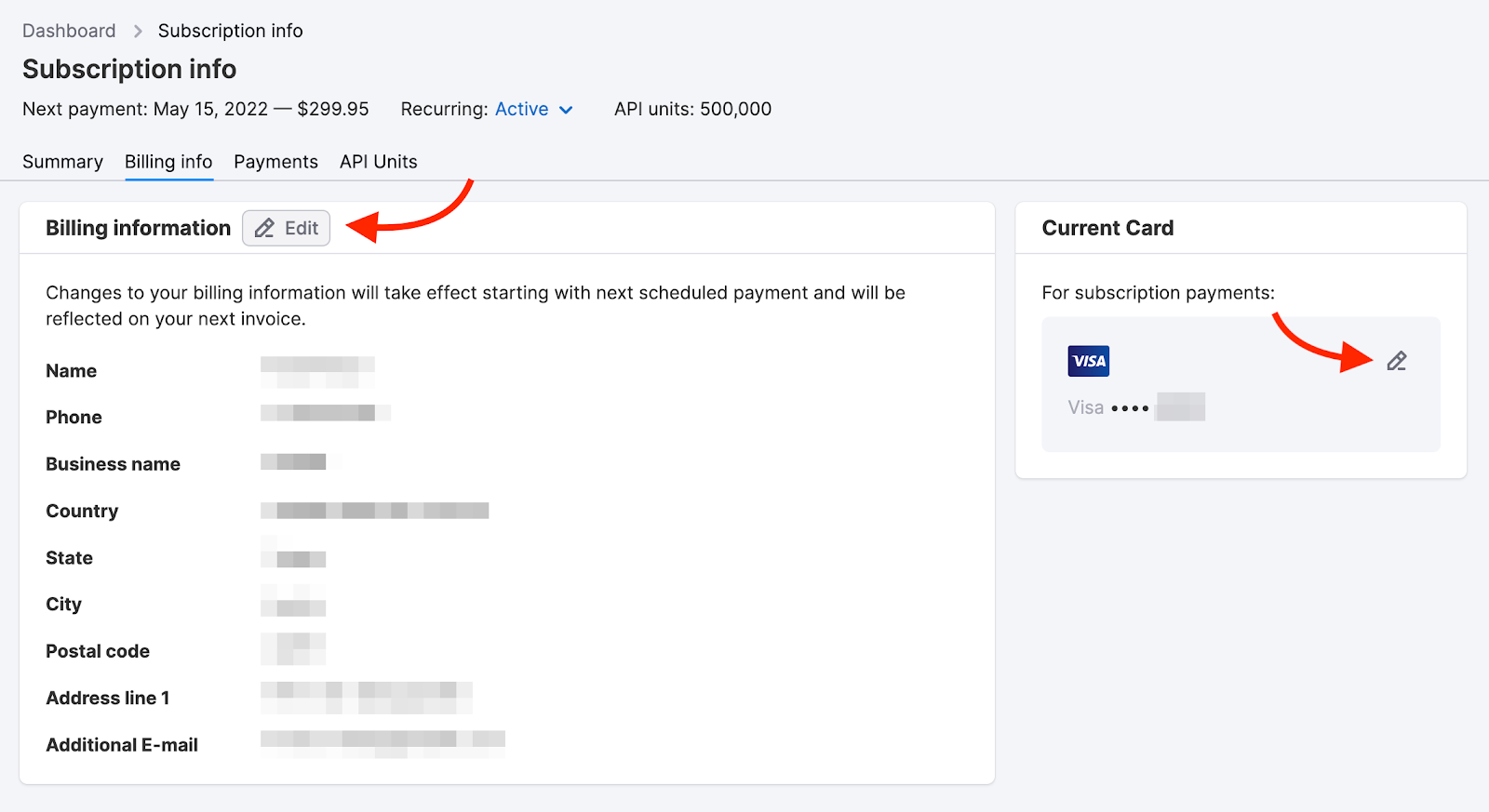 An example of the Billing info page with two red arrows pointing to the buttons to edit billing information and current credit card details.