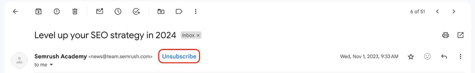 The 'Unsubscribe' button is highlighted with a red rectangle next to the email address in Gmail.