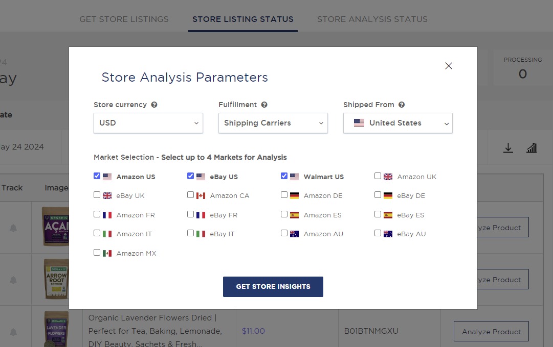 Setting store analysis parameters in the &lsquo;Store Analysis&rsquo; feature of Product Research Pulse.