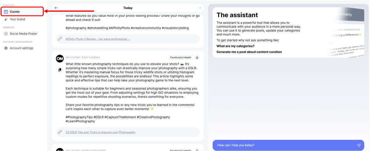 Navigating to your &lsquo;Curate&rsquo; dashboard in AI Social Assistant.