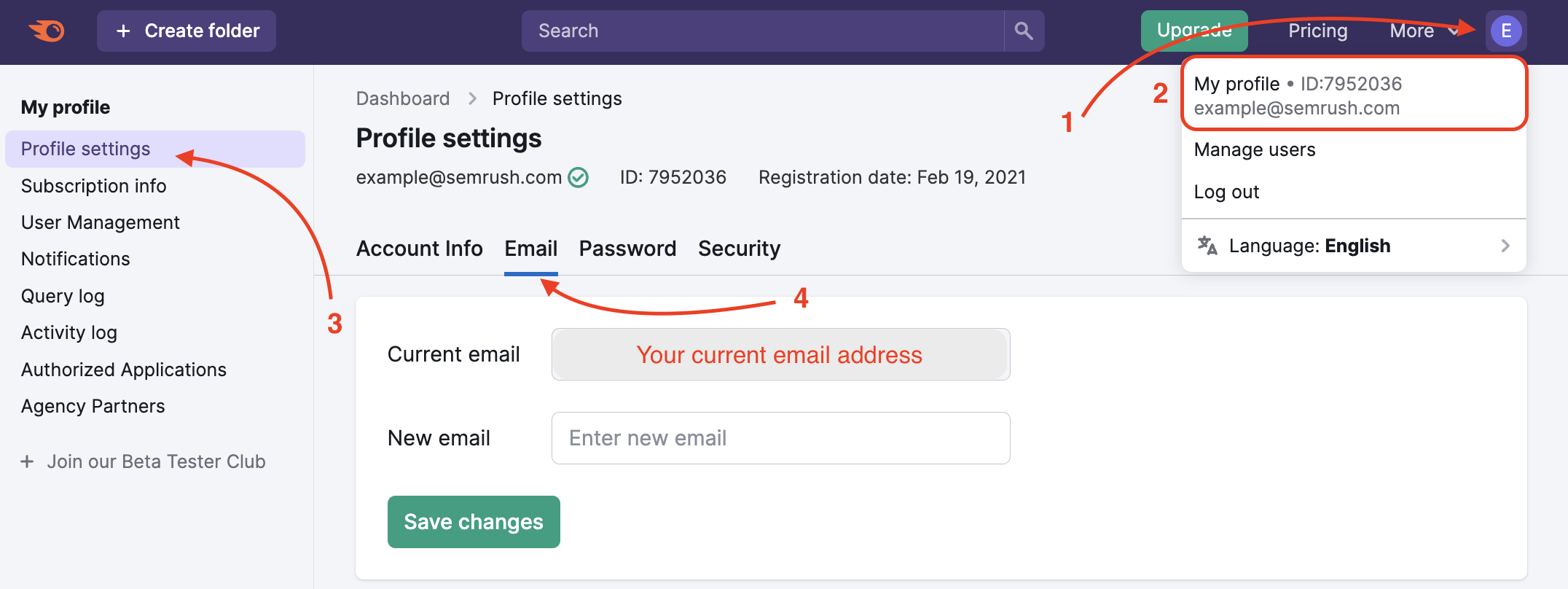 My profile menu shows how to change your email.