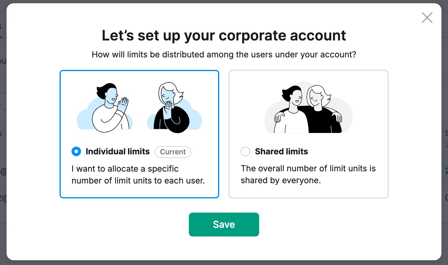 Interface showing limit sharing options, including individual limits and shared limits.