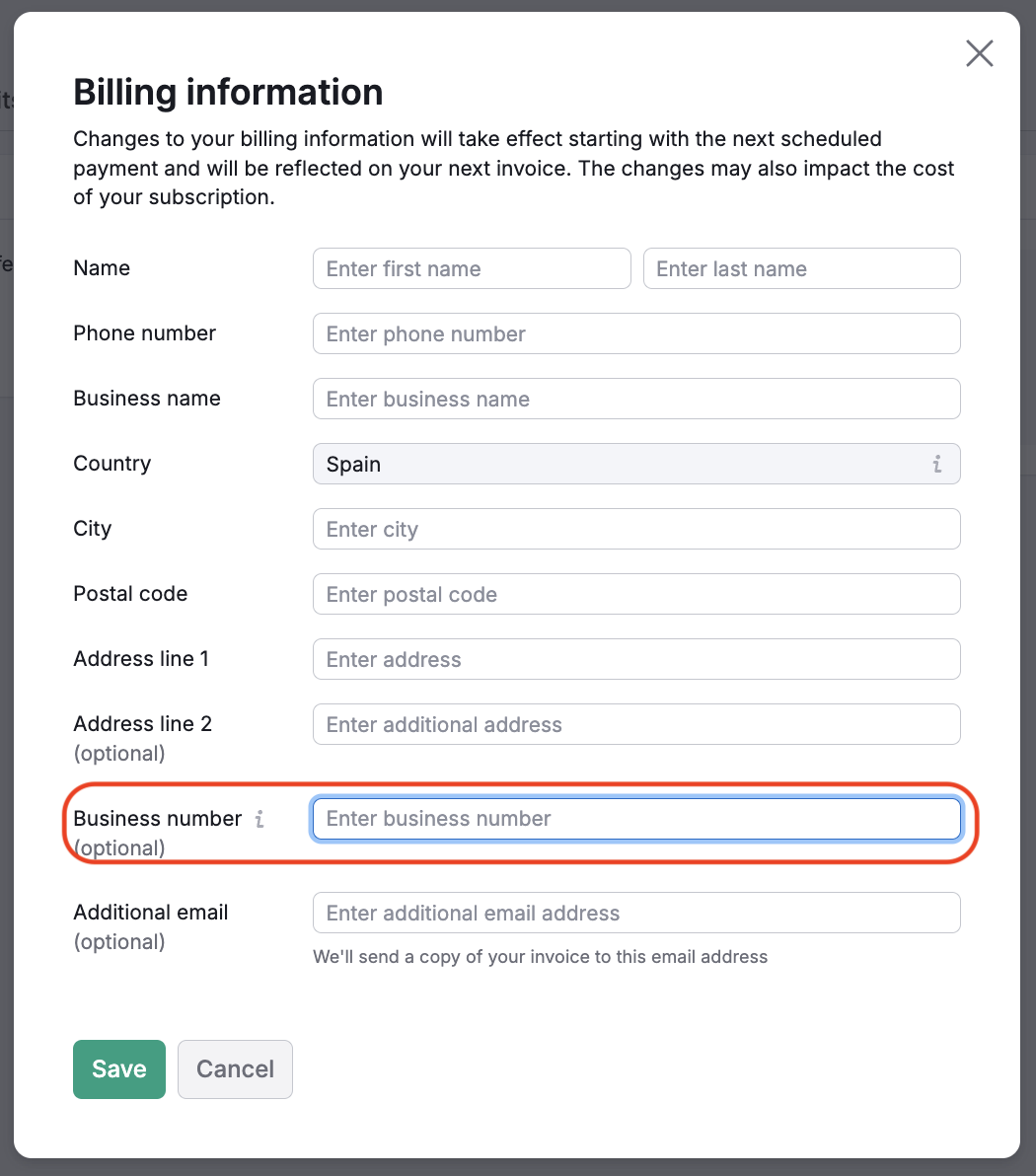 Billing Information window open, with the Business Number field highlighted.