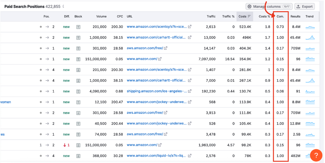 The Paid Search Positions table with the competition column highlighted.