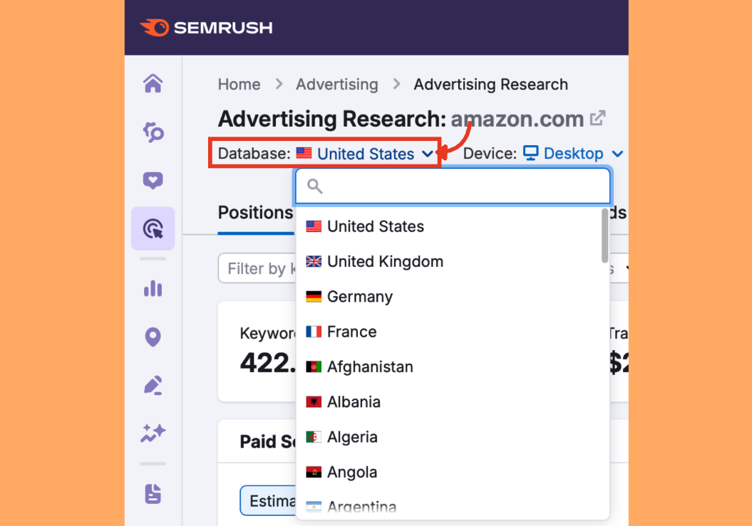 The database selector in Advertising Research showing a list of countries.