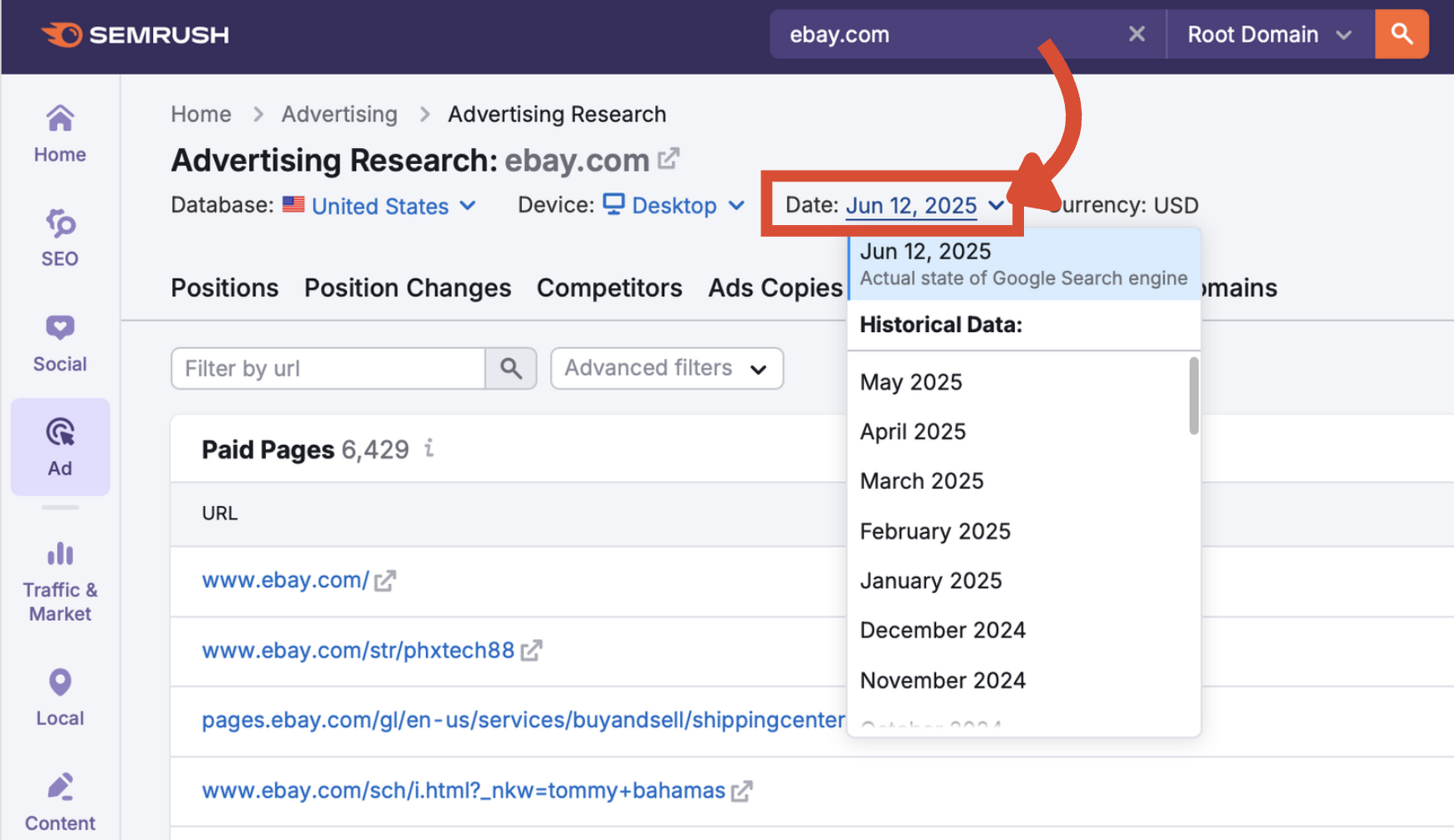 Date filter set to the Actual state of Google Search engine