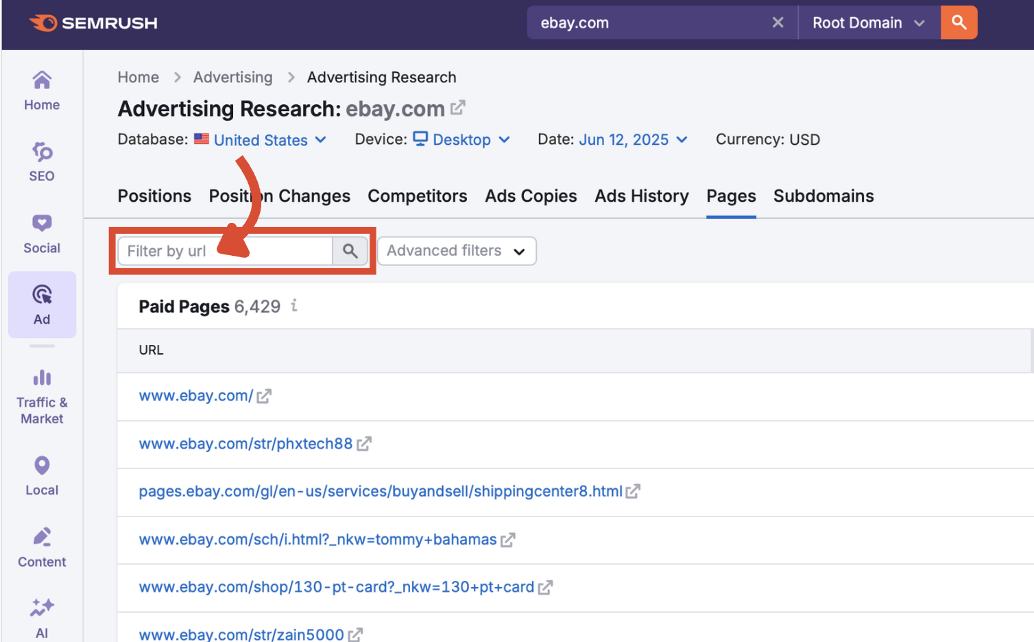 The Filter by URL field.