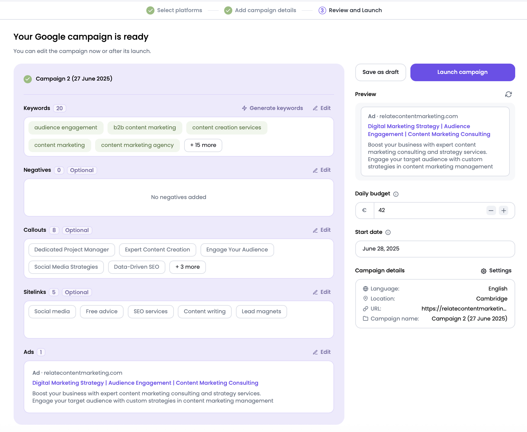 Google campaign preview with suggested keywords, ads, sitelinks, and budget settings.