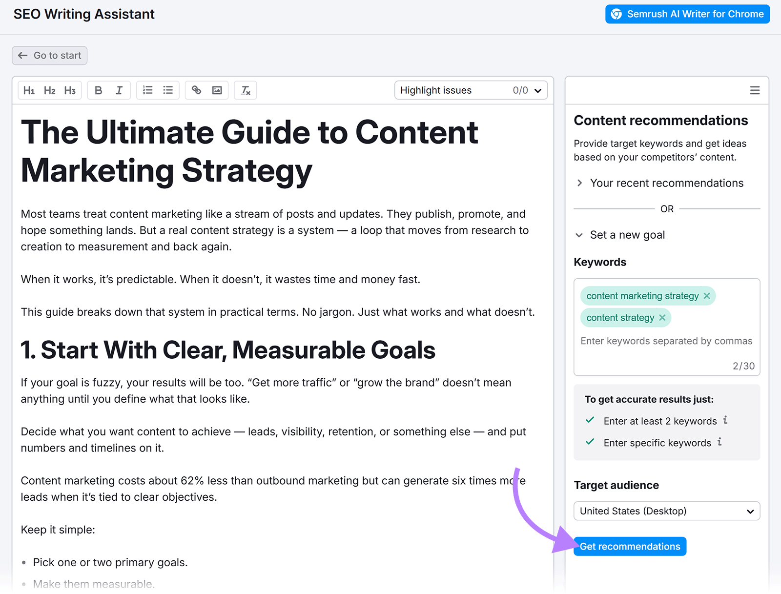 SEO Writing Assistant with content entered in main editor, keywords entered in sidebar, and arrow pointing to Get recommendations button.