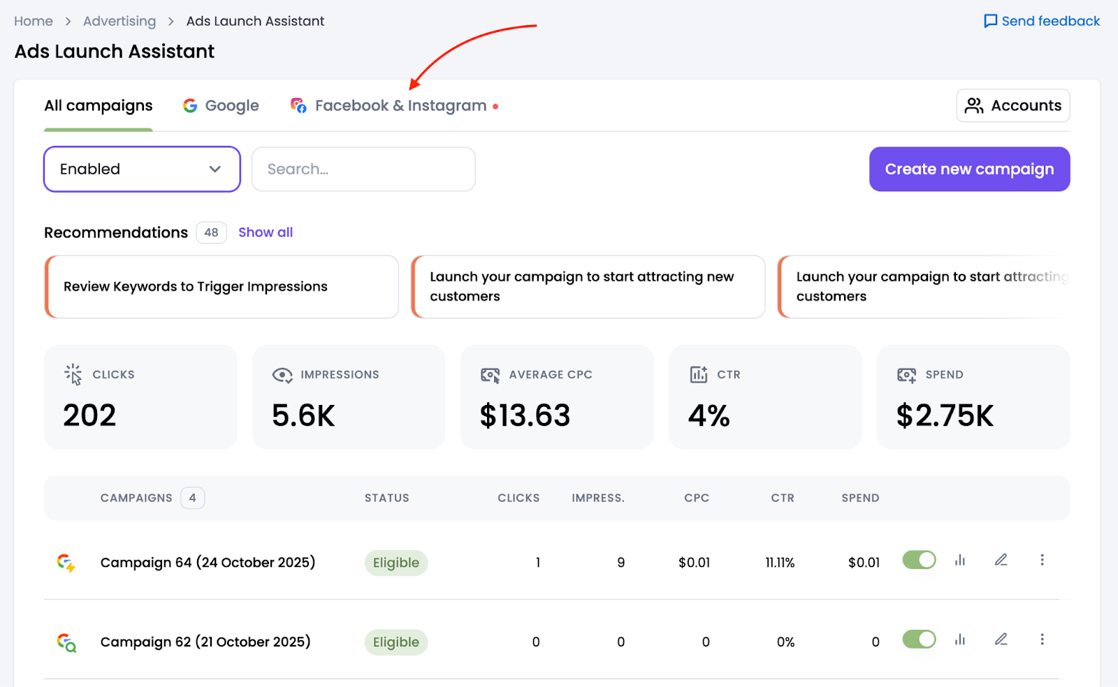 Meta Ads reporting screen in Ads Launch Assistant.