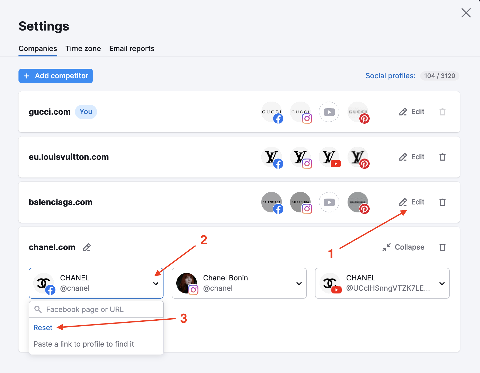 The Social Tracker Settings window shows three red arrows pointing to the Edit button, the drop-down under the connected account, and the Reset button.